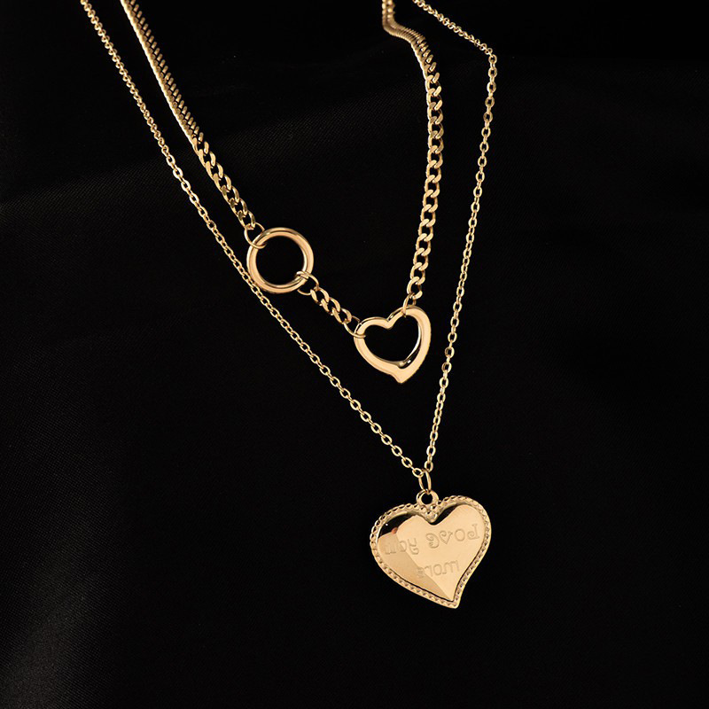 European and American cross-border double-layered titanium steel non-fading fashion versatile simple heart engraved pendant irregular necklace