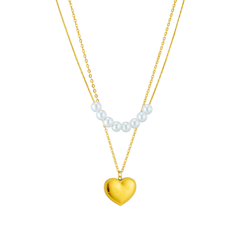 New European and American style light luxury double-layer pearl three-dimensional heart pendant necklace, elegant and simple clavicle chain