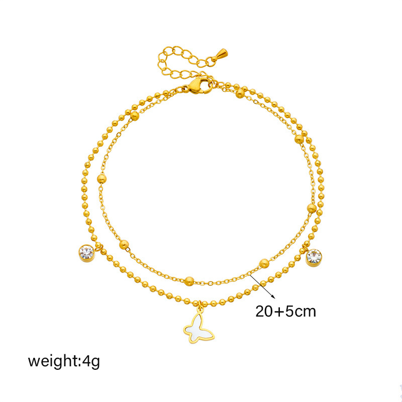 Korean style, fashionable, simple, retro, multi-layered beaded chain with diamond-encrusted butterfly pendant, stainless steel jewelry anklet.