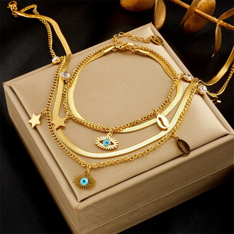 European and American style, simple and elegant multi-layered turquoise eye star rhinestone pendant necklace and bracelet set