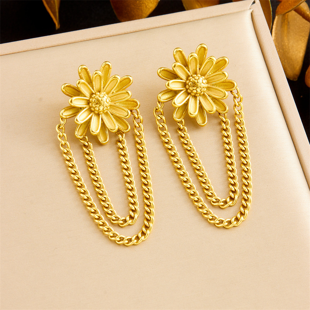 Cross-border fashion gold-plated diamond-encrusted sun heart flower bow tassel stainless steel light luxury high-end women's earrings