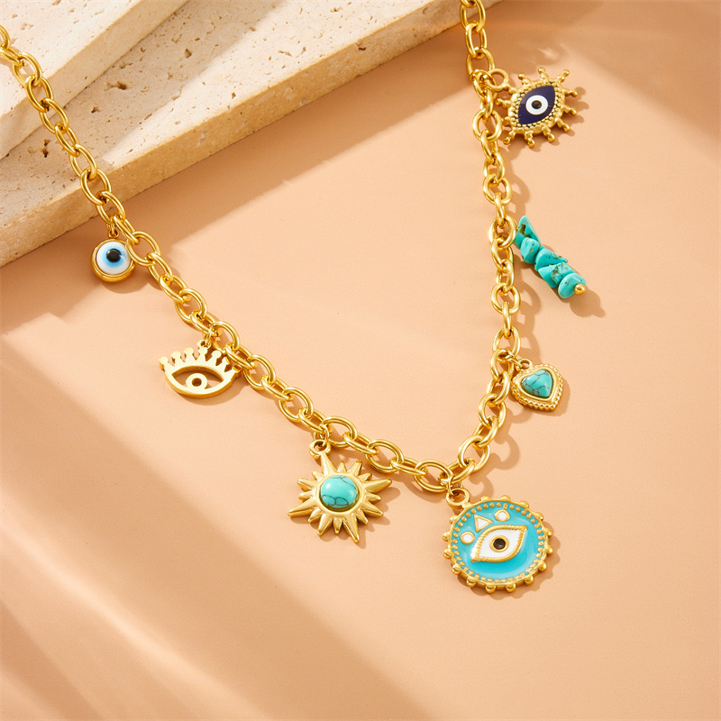 Fashionable retro cross-border new style blue turquoise heart sun star drop eye pendant chain stainless steel necklace