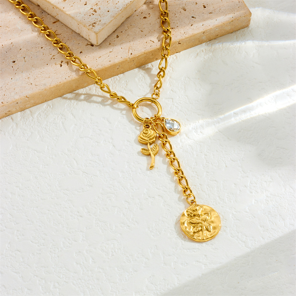 Fashionable cross-border stainless steel long tassel round pendant flower sun moon teardrop rhinestone heart clavicle chain, new spring/summer style necklace.