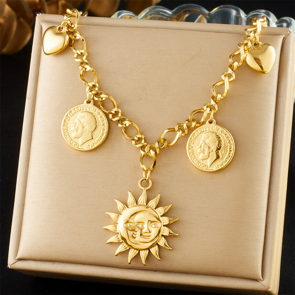 European and American cross-border personalized punk sun face round coin heart pendant chain stainless steel chunky necklace