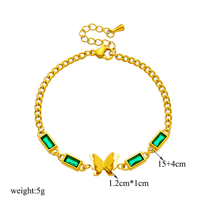 European and American style retro fashion minimalist green rhinestone square butterfly chain titanium steel jewelry versatile bracelet