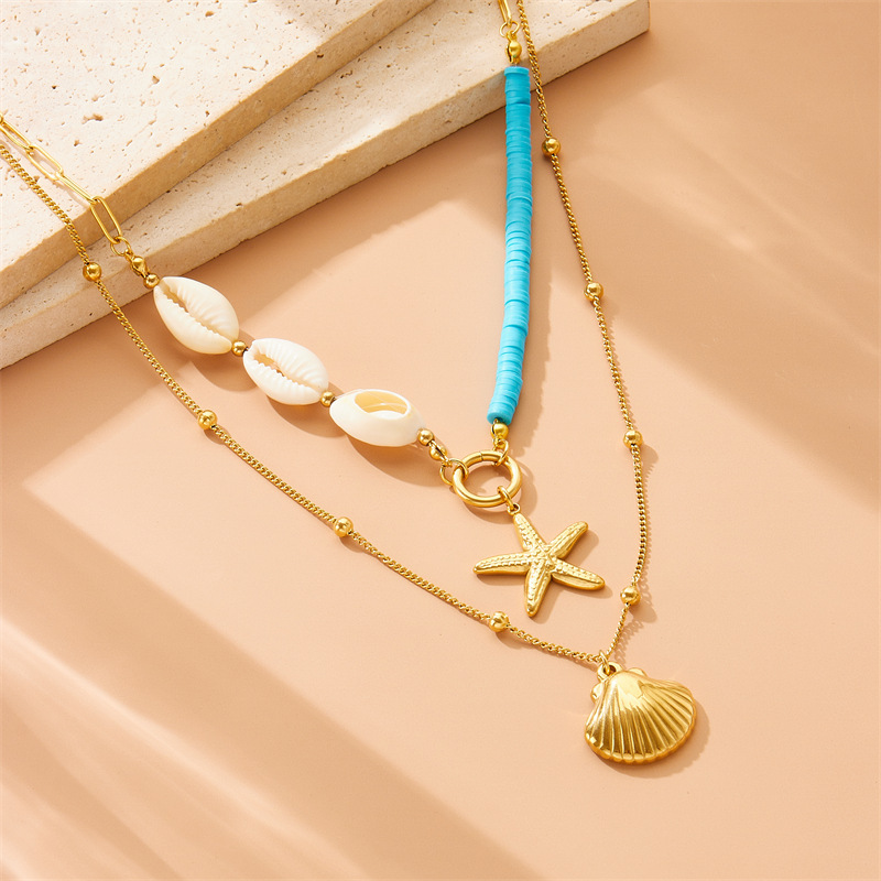 European and American style creative starfish pearl pendant ocean-themed golden scallop double-layer necklace