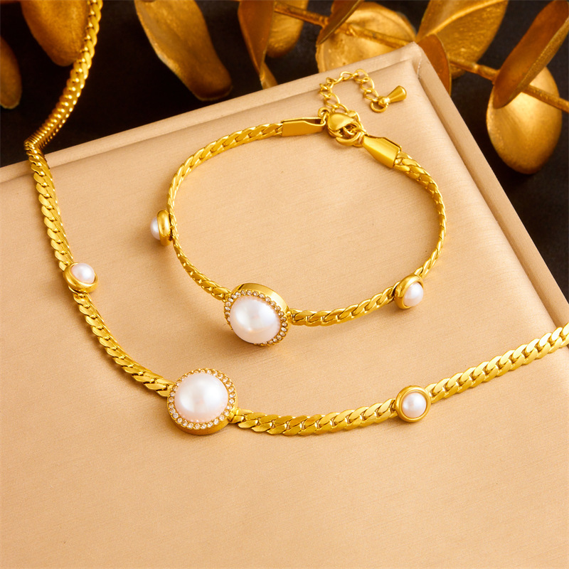 Fashionable and luxurious round pearl and diamond necklace, elegant choker, stainless steel bracelet, cross-border wholesale set