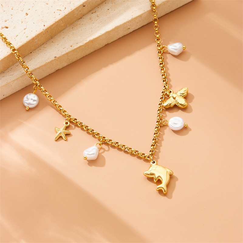 European and American cross-border niche ocean style pendant dolphin starfish pearl accessories chain stainless steel jewelry necklace