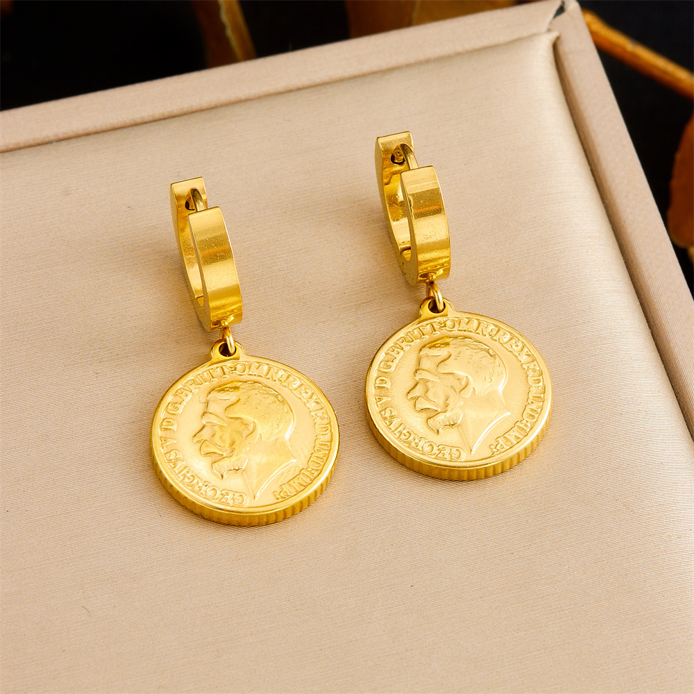 European and American cross-border fashion gold-plated retro abstract figure pattern round coin pendant stainless steel metal earrings