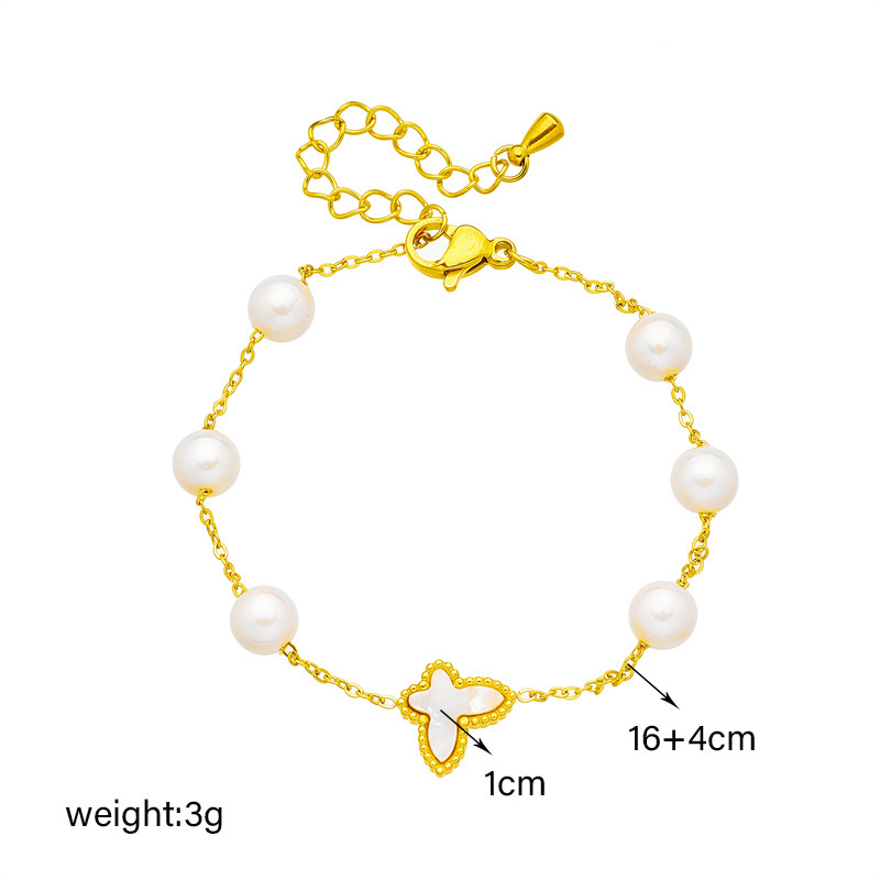Korean style, fashionable and elegant, round pearl butterfly chain, titanium steel jewelry, simple and versatile retro bracelet.