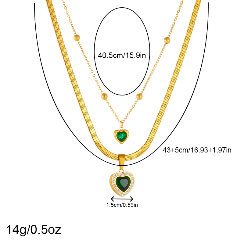 European and American style retro minimalist double-layered gold-plated chain diamond-encrusted heart pendant stainless steel jewelry necklace