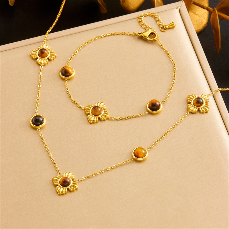 Cross-border fashion Maillard color gold-plated stainless steel tiger's eye flower accessory chain bracelet necklace set
