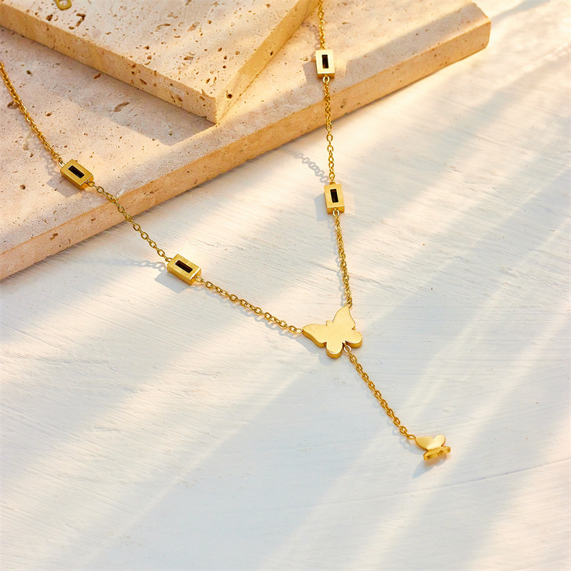 European and American style niche black glossy butterfly tassel pendant with black diamond square titanium steel elegant high-end jewelry necklace