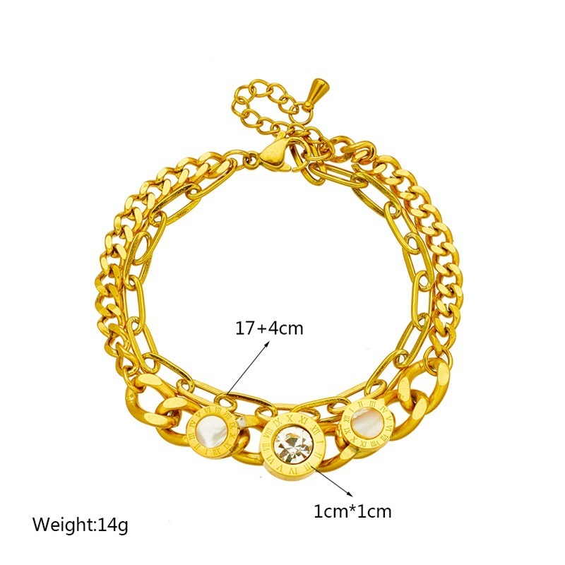 European and American cross-border thick chain double layer Roman round shell rhinestone titanium steel metal retro fashion versatile bracelet