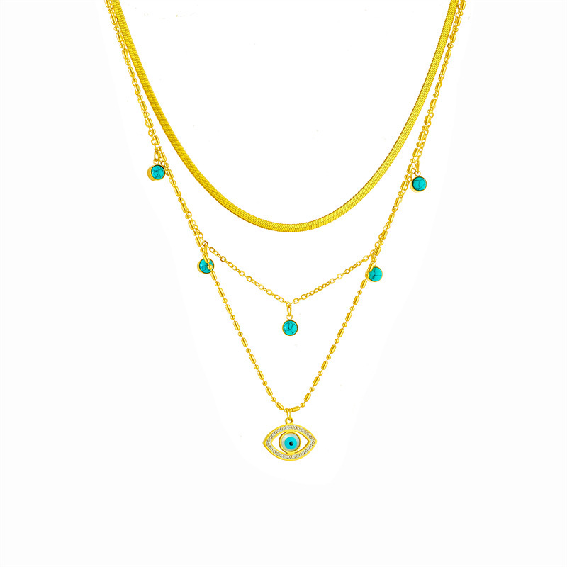 European and American cross-border fashion jewelry, multi-layered chain, turquoise, openwork, diamond-encrusted, blue eye pendant, clavicle necklace.