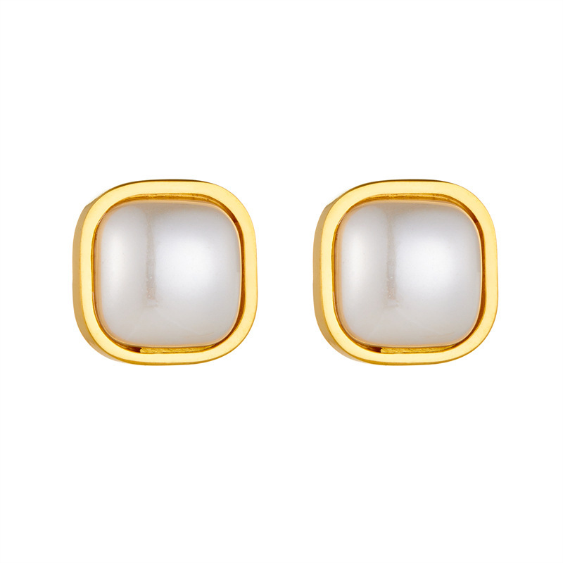 Korean style minimalist retro square gold-plated pearl accessories stainless steel earrings