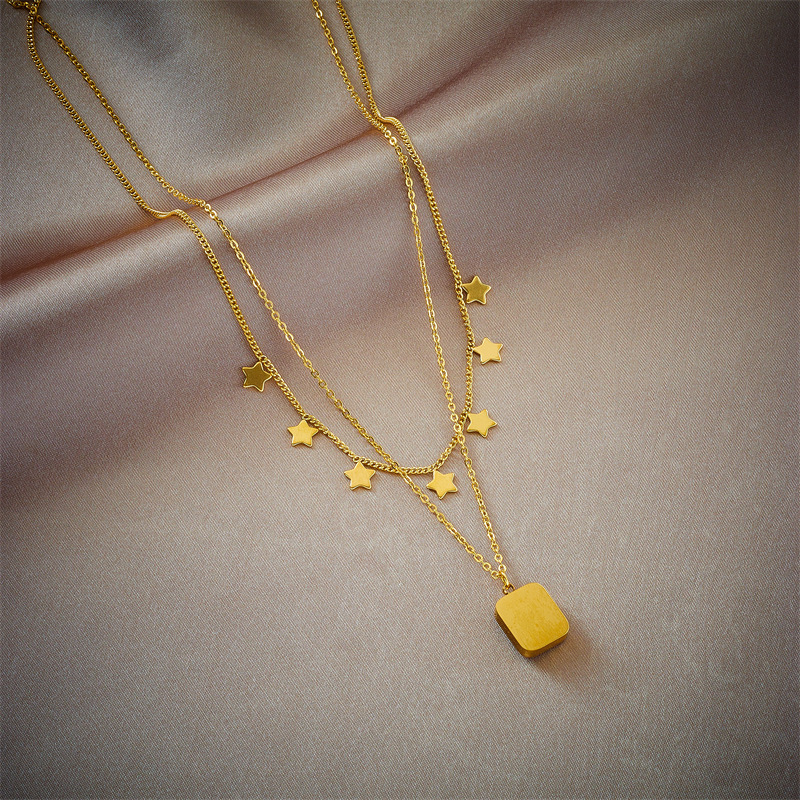 New European and American cross-border style minimalist fashion retro square diamond-encrusted star titanium steel pendant double chain necklace