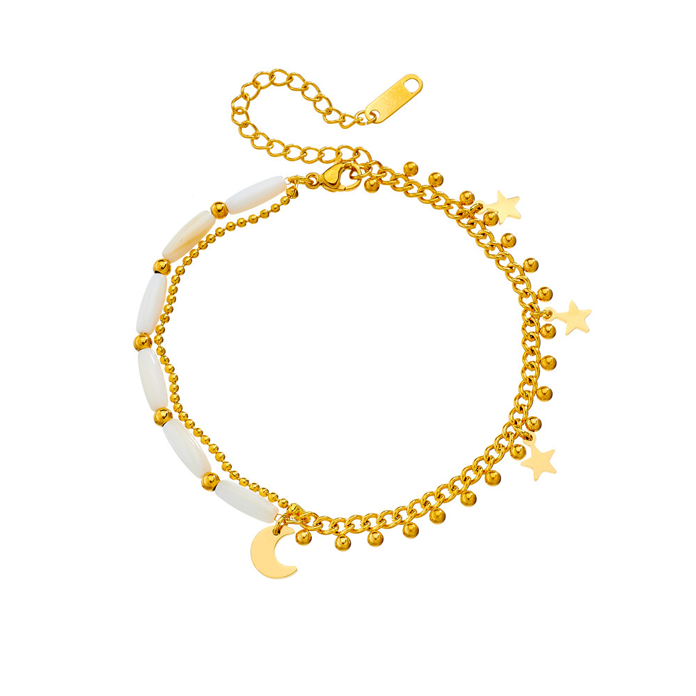 Fashionable and unique double-layer chain beaded gold-plated stainless steel anklet with five-pointed star and moon accessories for women.