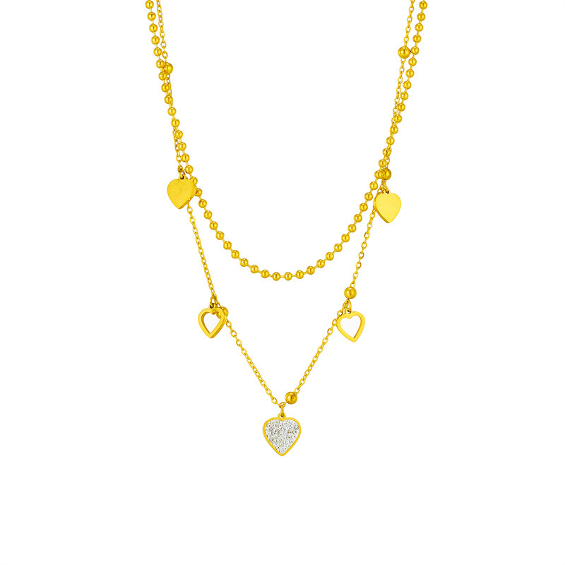 Fashionable double-layer titanium steel heart-shaped beaded necklace with diamond embellishments, a unique design.