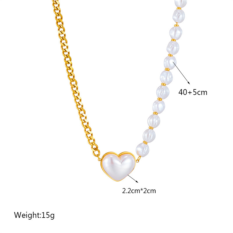 European and American cross-border beaded chain splicing pearl heart pearl titanium steel metal necklace fashion niche punk choker
