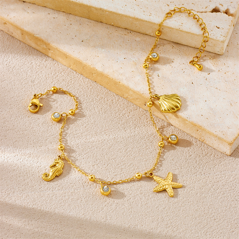 New cross-border ocean series accessories, stainless steel starfish, scallop, seahorse pendant chain with rhinestones, anklet for women.