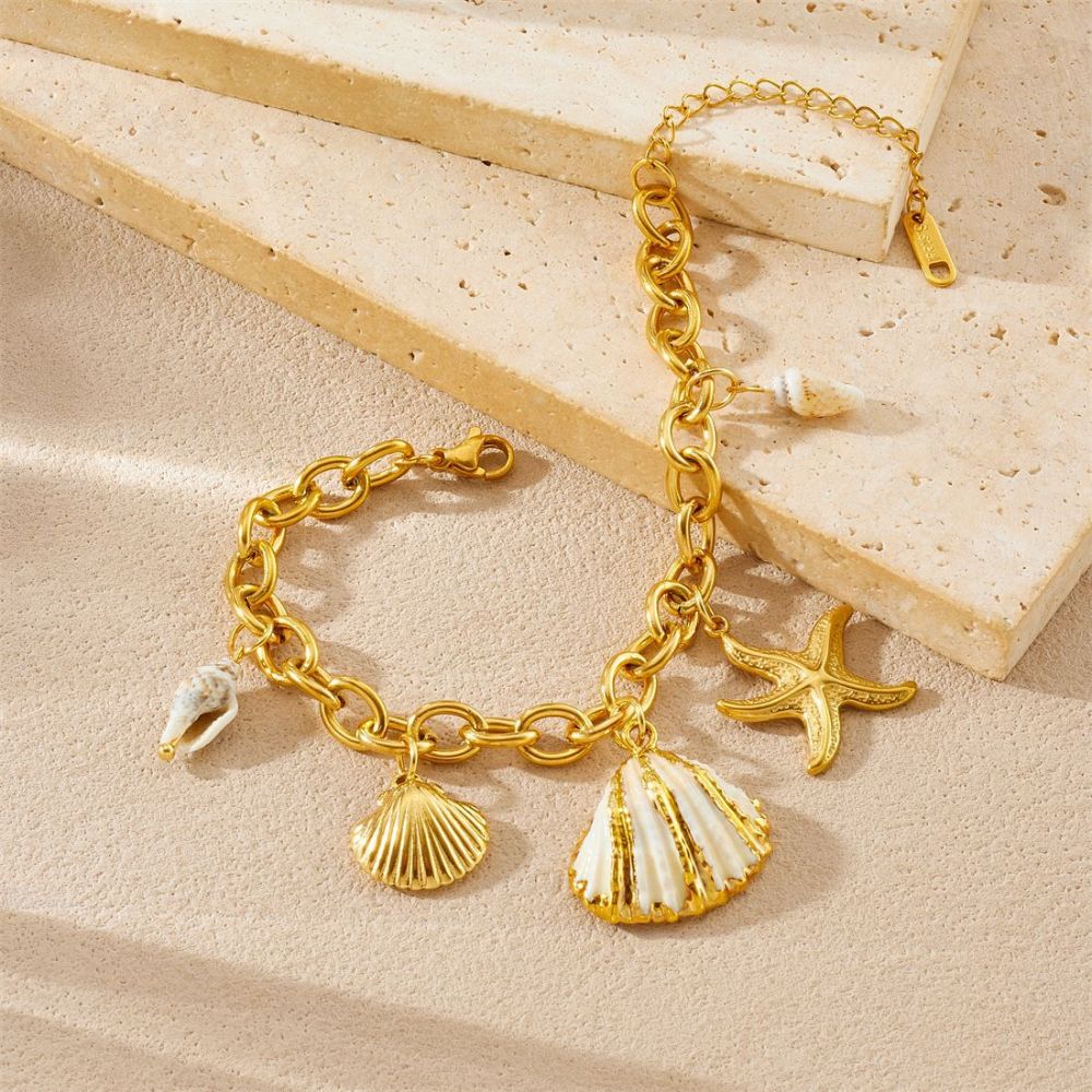 New European and American cross-border fashion ocean series gold-plated starfish, scallop, and conch pendant stainless steel bracelet