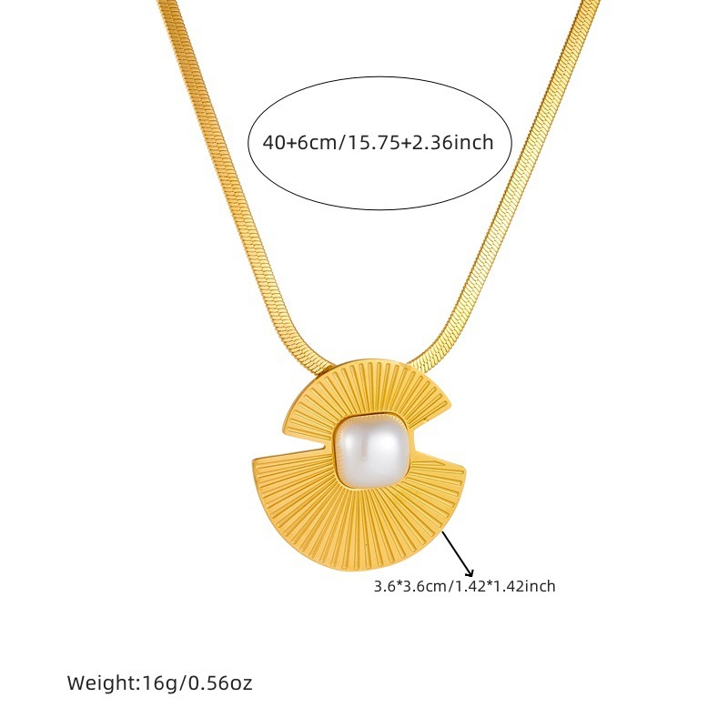 Cross-border fashion retro high-end minimalist cool style metal stainless steel gold-plated fan-shaped pearl pendant necklace