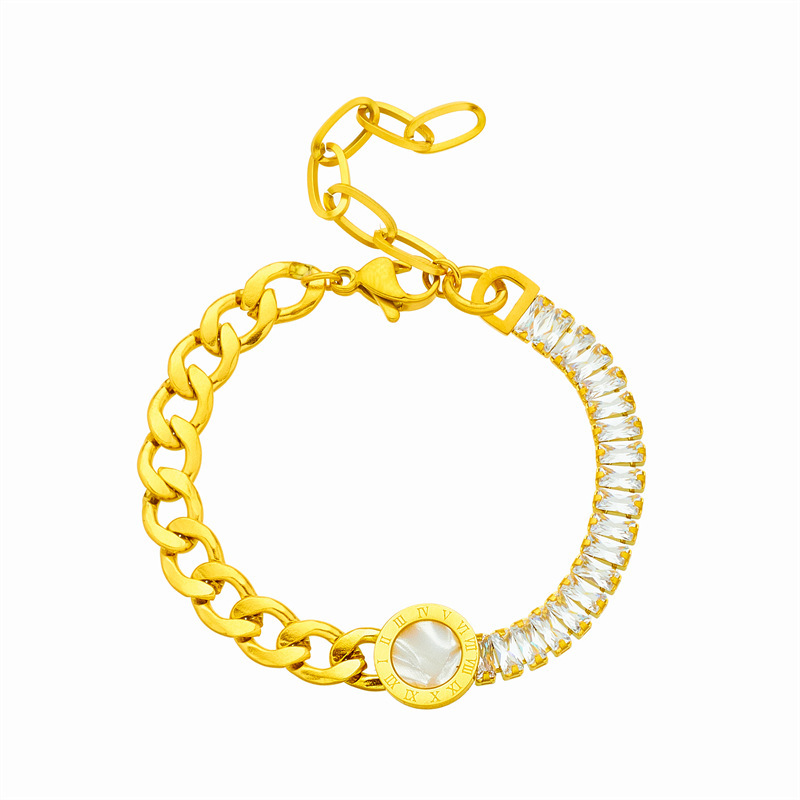 European and American cross-border fashion niche high-end versatile diamond-encrusted chain round pendant irregular titanium steel metal jewelry bracelet