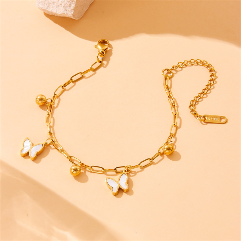 Korean style, fashionable, luxurious, versatile stainless steel white mother-of-pearl butterfly small round bead pendant chain jewelry bracelet