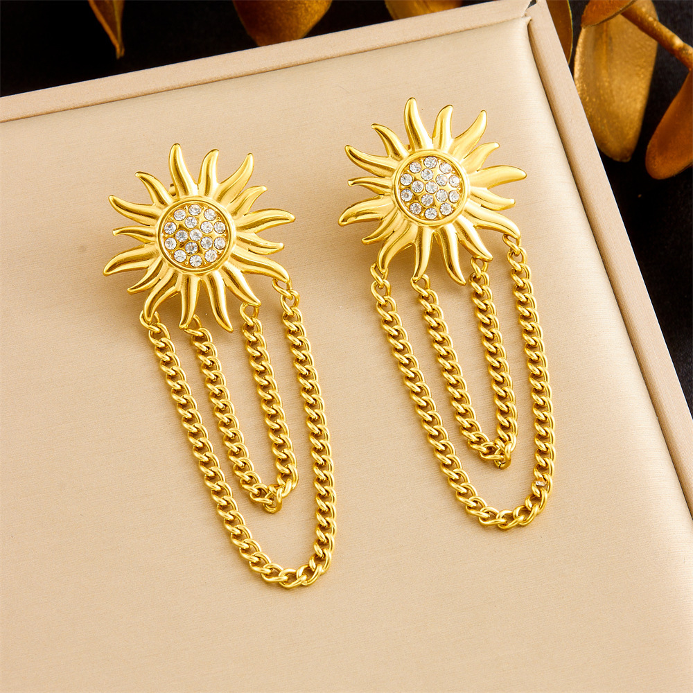 Cross-border fashion gold-plated diamond-encrusted sun heart flower bow tassel stainless steel light luxury high-end women's earrings