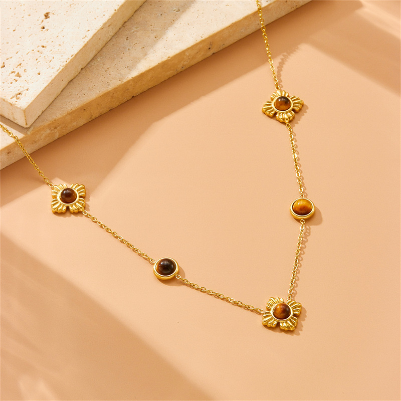 Cross-border fashion Maillard color gold-plated stainless steel tiger's eye flower accessory chain bracelet necklace set