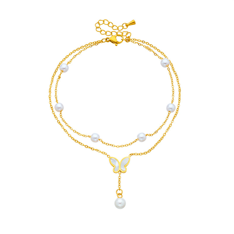 Korean style, fashionable, elegant, and luxurious multi-layered pearl butterfly tassel chain titanium steel versatile anklet