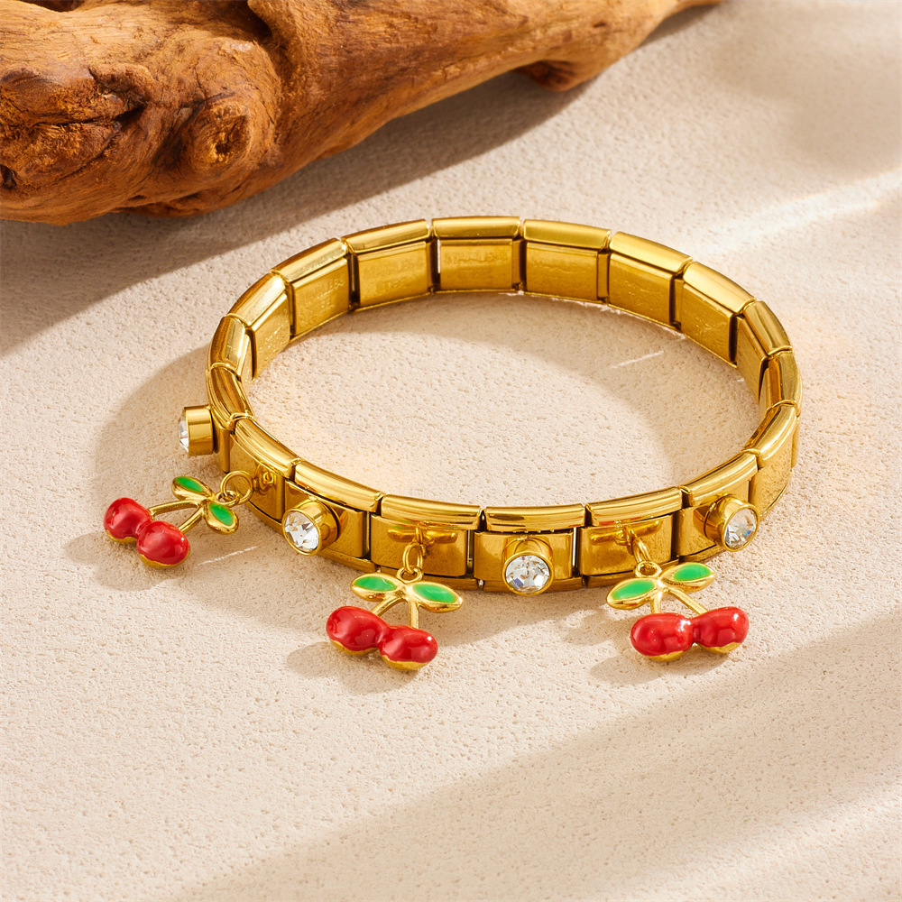 Cross-border fashion fruit series 3D simulated dripping cherry, strawberry, watermelon, rhinestone-encrusted stainless steel gold-plated bracelet