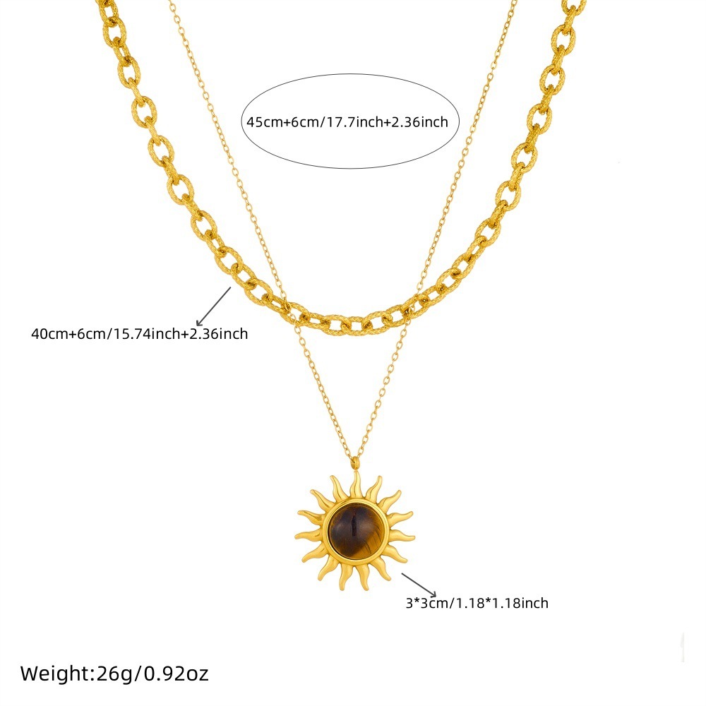 European and American cross-border fashion retro tiger's eye sun pendant double layer stainless steel metal necklace