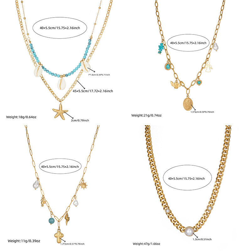 European and American retro oval logo pendant sweatshirt chain, versatile turquoise teardrop imitation pearl angel clavicle chain jewelry.