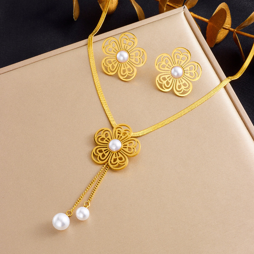 Fashionable and luxurious round pearl and diamond necklace, elegant choker, stainless steel bracelet, cross-border wholesale set