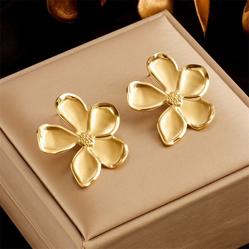 Korean style, trendy, niche design, elegant, simple, irregular metal five-petal flower titanium steel jewelry and accessories earrings