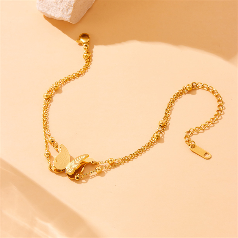 Cross-border hot-selling stainless steel butterfly double-layer beaded necklace and bracelet set, fashionable titanium steel non-fading butterfly set