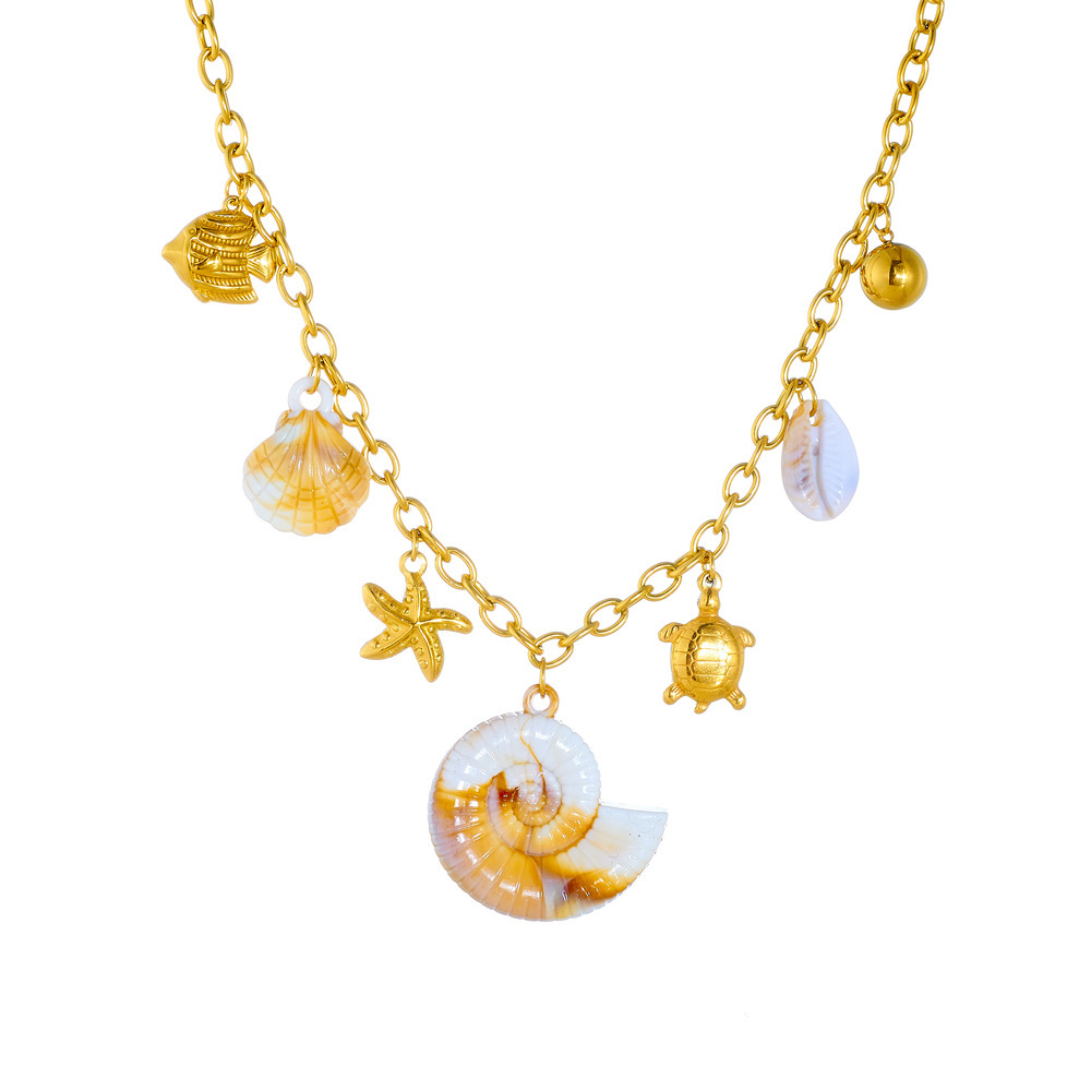 Cross-border exaggerated ocean style multi-element conch necklace, seashell, starfish, turtle stainless steel pendant, personalized jewelry for women