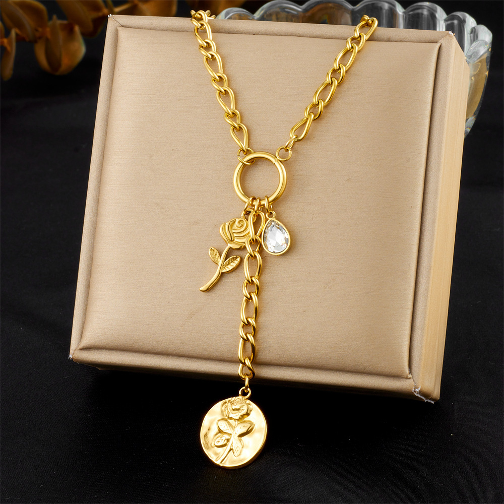Fashionable cross-border stainless steel long tassel round pendant flower sun moon teardrop rhinestone heart clavicle chain, new spring/summer style necklace.