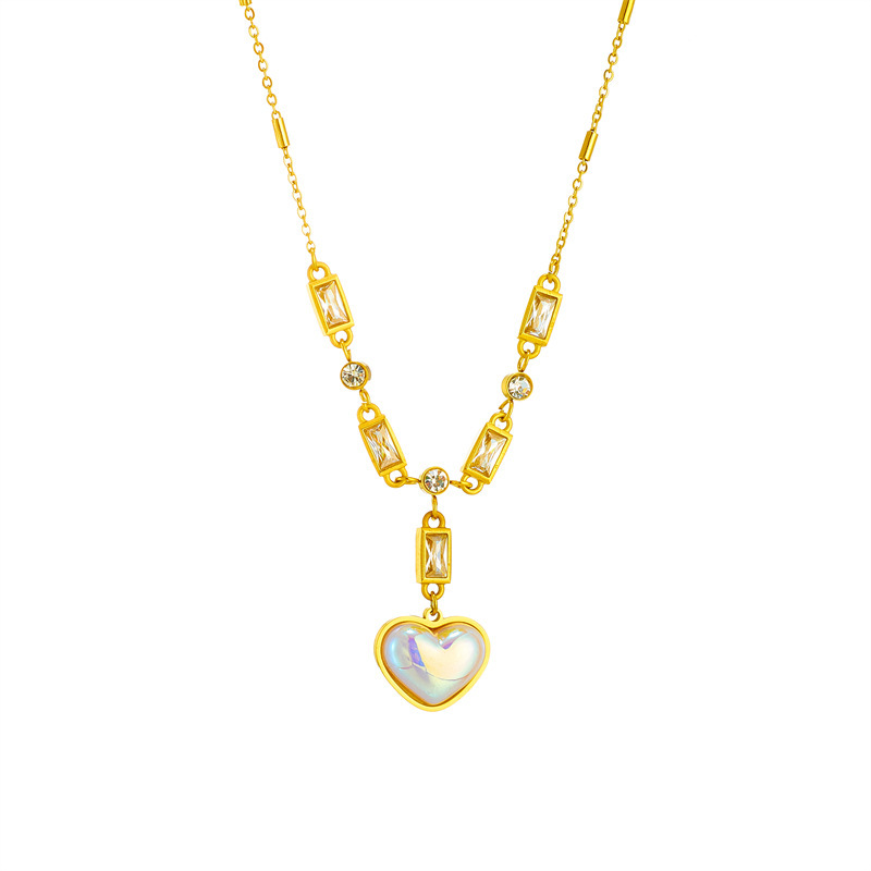 European and American style niche retro elegant temperament colorful pearl heart pendant diamond chain titanium steel jewelry necklace