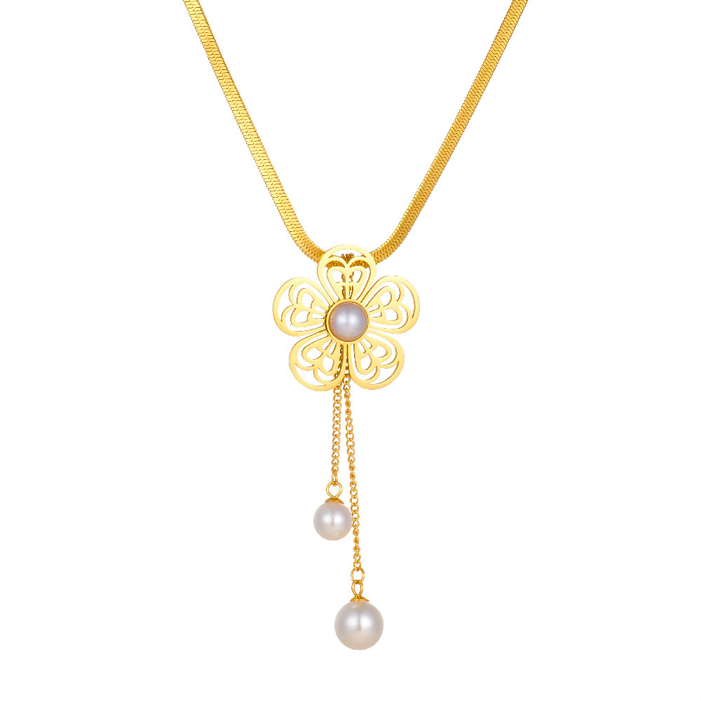 New Chinese Style Fashionable Pearl Hollowed-Out Flower Tassel Chain Stainless Steel Necklace and Earrings Jewelry Set
