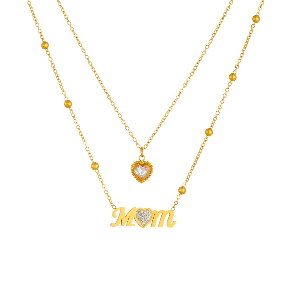 New cross-border fashion minimalist diamond-encrusted MOM heart-shaped accessory chain stainless steel clavicle necklace