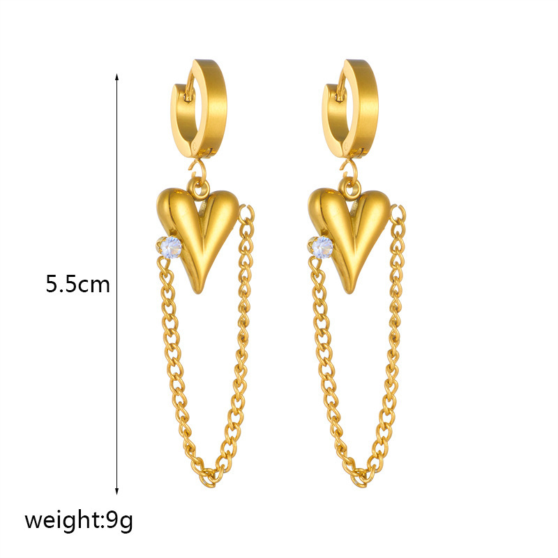 Stylish, sophisticated, and luxurious long chain earrings with diamond-encrusted heart pendant, gold-plated titanium steel.