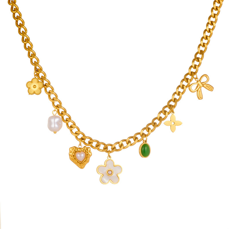 Vintage cross-border pearl white shell flower heart bow emerald oval pendant chain stainless steel necklace