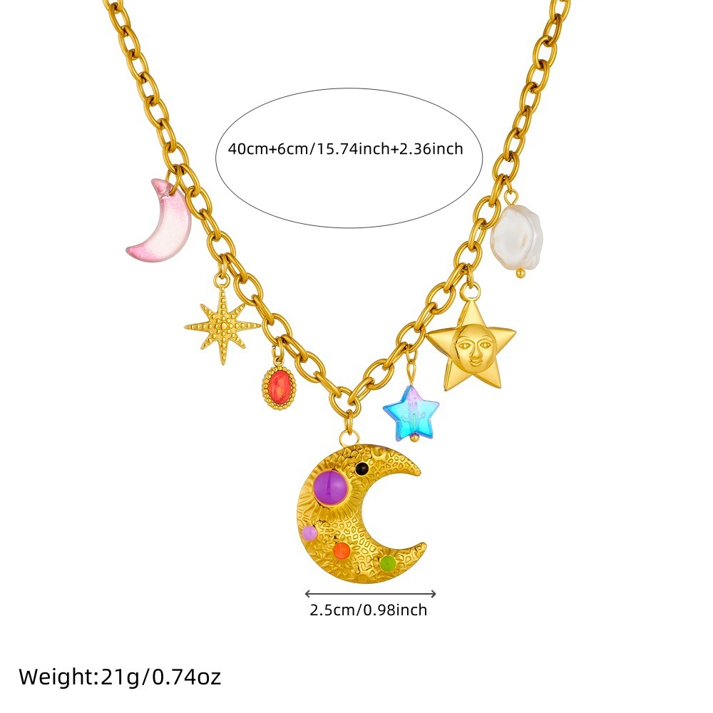 New cross-border fashion personalized colorful moon and star gold-plated accessories chain stainless steel multi-element pendant necklace