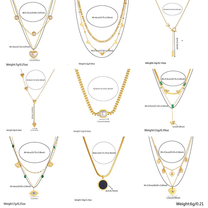 European and American style niche retro high-end gold-plated stainless steel pearl heart eye butterfly pendant multi-layer necklace