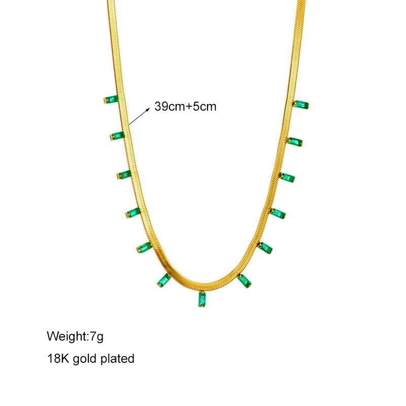 European and American cross-border fashion minimalist titanium steel flat snake chain square small green diamond niche retro jewelry necklace with diamond strip