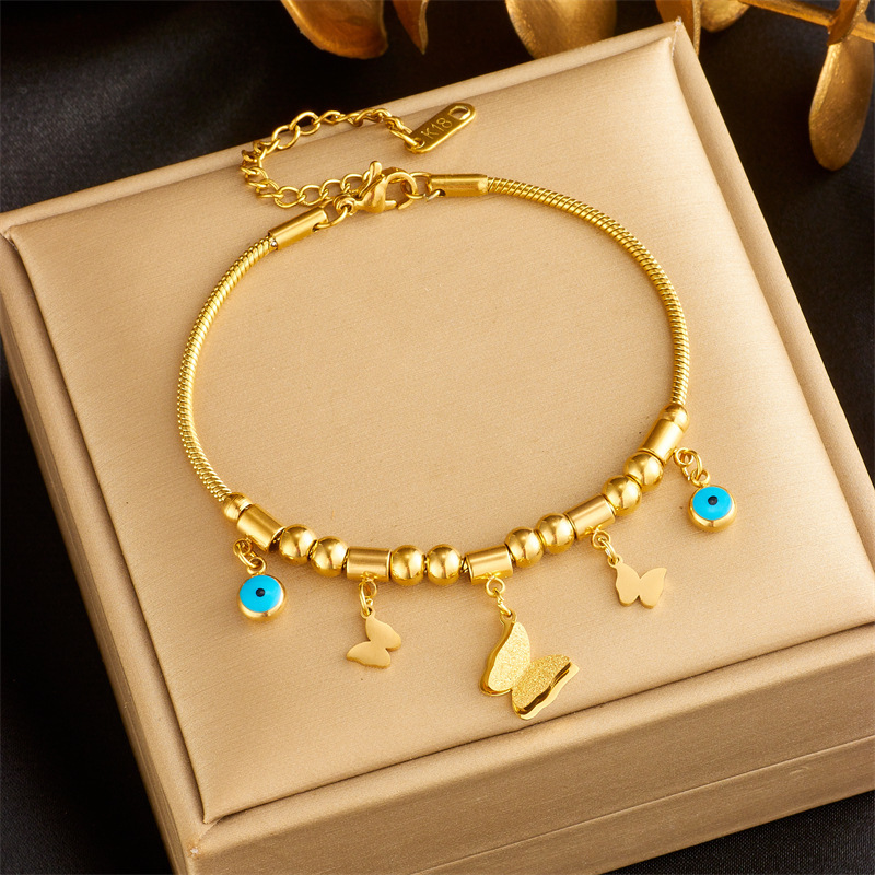 European and American style geometric beaded titanium steel butterfly blue eye pendant jewelry, versatile retro bracelet