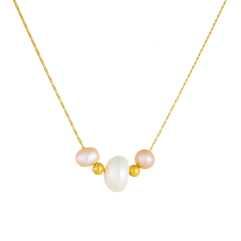 Stylish new simple and versatile irregular-sized color-blocked pearl necklace with stainless steel chain for women.